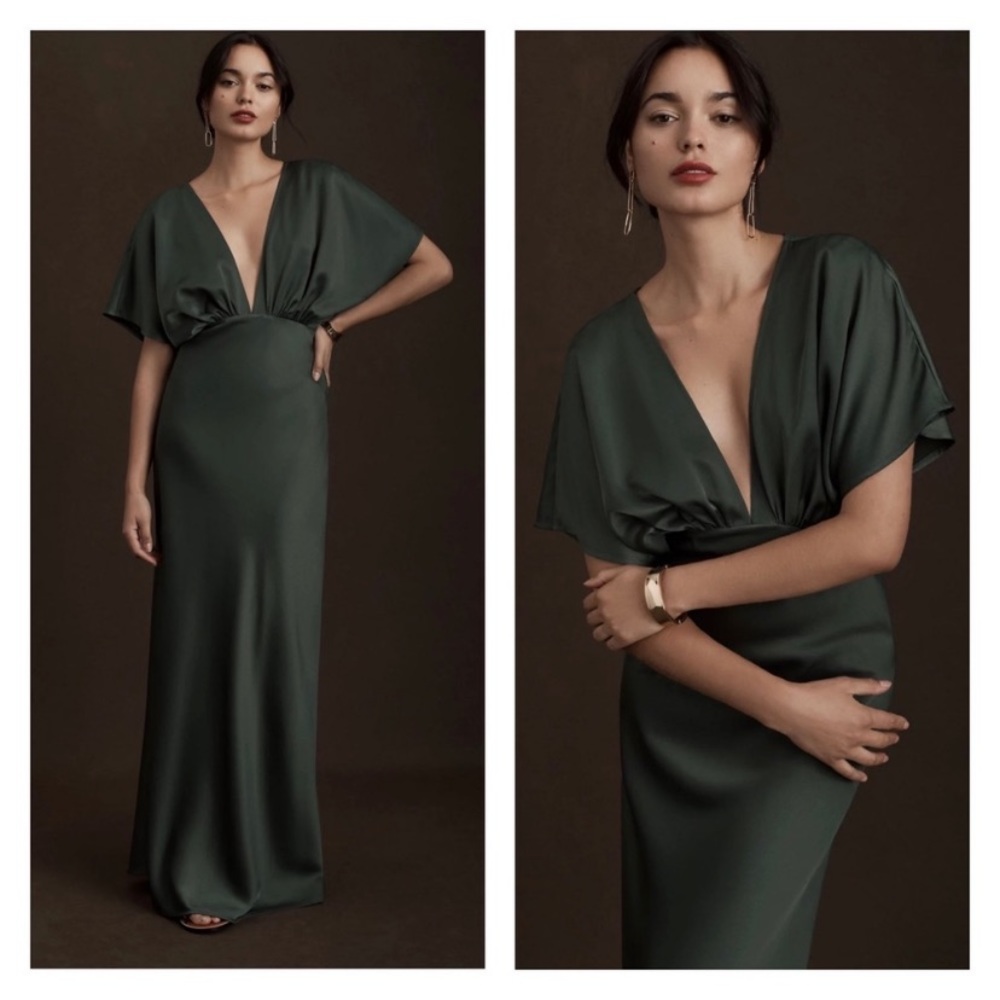 BHLDN Leila Deep-V Flutter-Sleeve Satin A-Line Gown Size 6